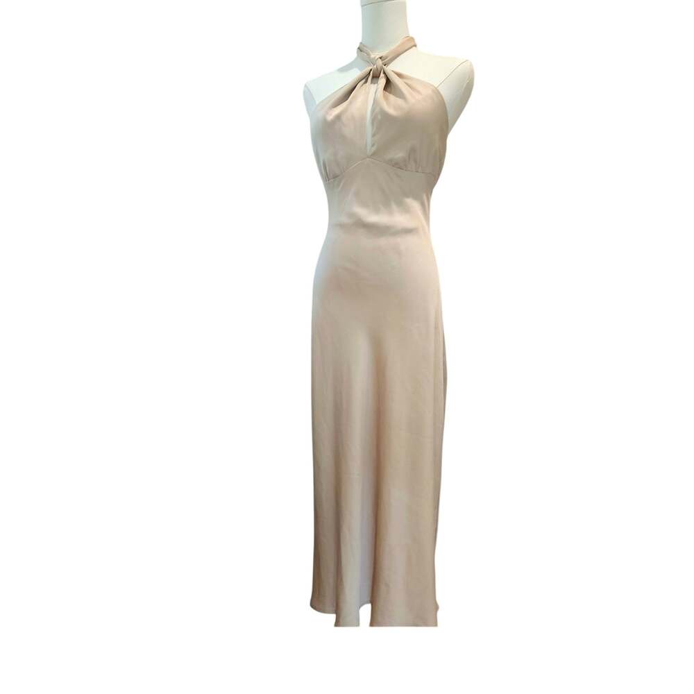 Le Lis Collection Satin Halter Maxi Dress Backless Keyhole Cutout Beige Cream XS